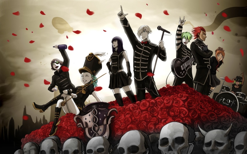 Drums, Black Dress, Thigh Highs, Petal, Red Rose, Bottle, Boots, Microphone, Hat, Guitar, White Hair, Dress, Rose, Skirt, Smile, Eye Patch, Black Hair