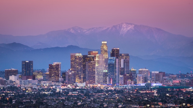 skyline, city, dusk, mountains, tower block, horizon, los angeles, downtown, travel destinations, urban area, night, landmark, california, residential district