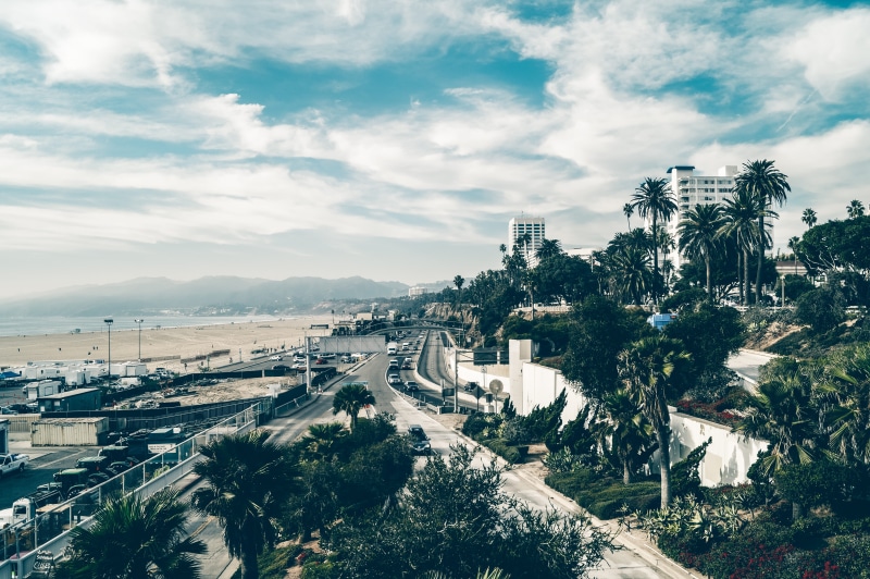 bridge, high angle view, pacific, building, cityscape, united states, day, cars, sky, palm trees, connection, nature, highway, road, 5K, coast, no people