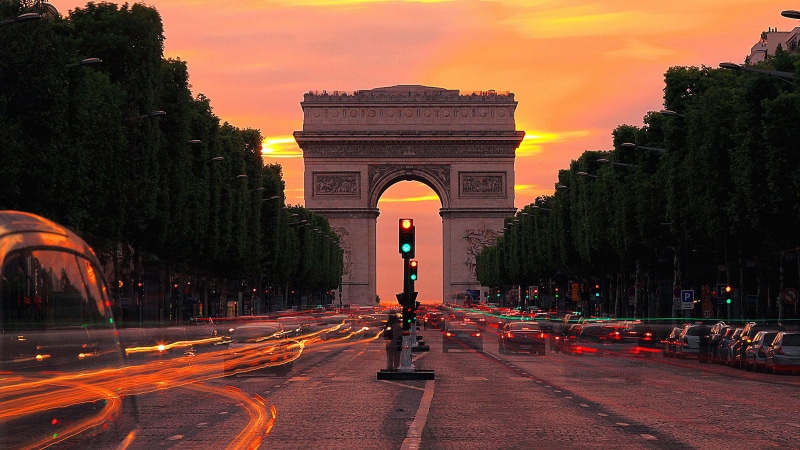 traffic, road, history, sunset, sky, street, arch, tourist attraction, france, city, 4K, orange sky, europe, architecture, paris, cars, evening, dusk