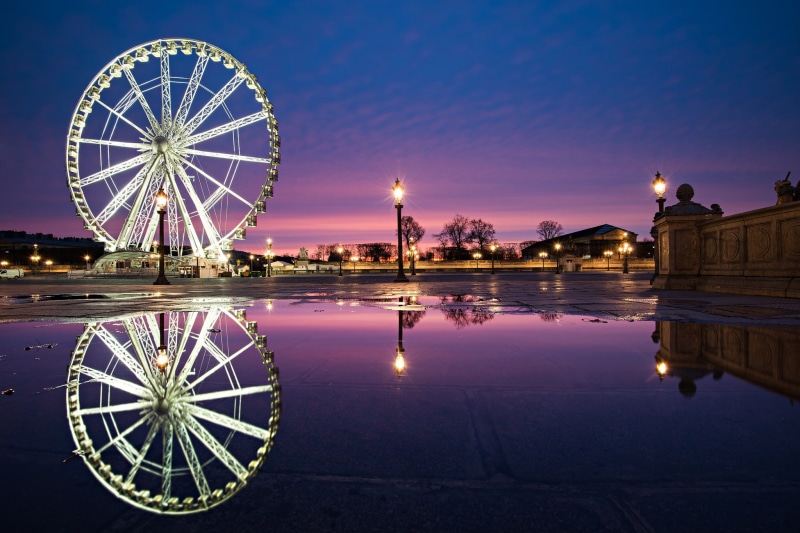 fountain, people, reflection, lights, Paris, Place de la Concorde, the city, Concorde, Fountain of the Rivers, the evening, The place de La Concorde, Ferris wheel