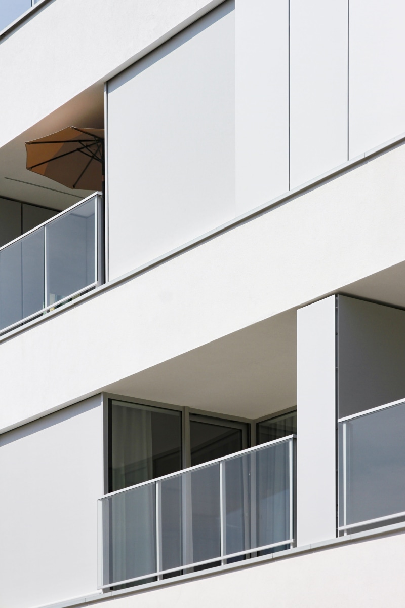 angle, architecture, white color, sliding door, glass - material, nature, building feature, no people, white, handrail, door, built structure, building
