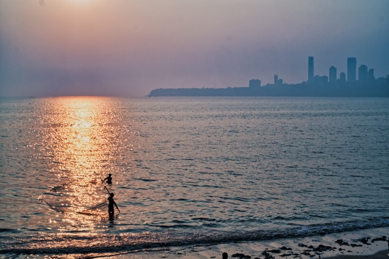 skyscraper, mumbai, marine drive, silhouette, office building exterior, tranquility, cityscape, built structure, waterfront, horizon, net, outdoors, landscape