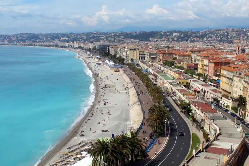 built structure, outdoors, big city, coastline, nice, travel, land, high angle view, center ville, water, south of france, day, beach promenade, france