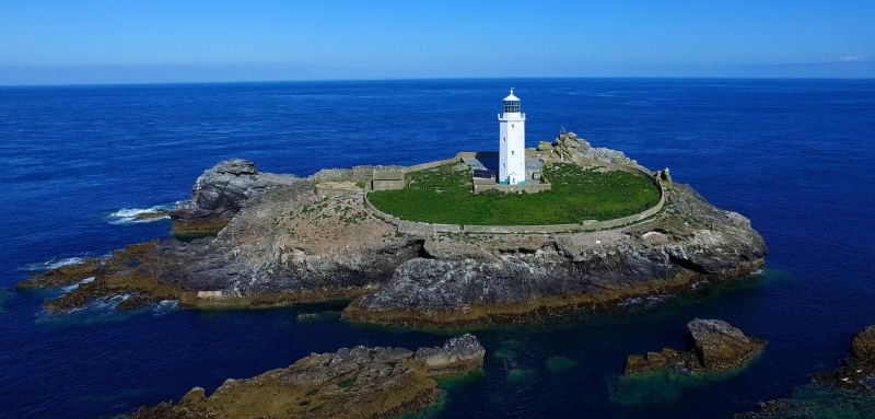 Lighthouse, no people, building exterior, travel destinations, 2K, godrevy lighthouse, bay, coastline, sky, blue sea, coastal, architecture, cornish, Sea