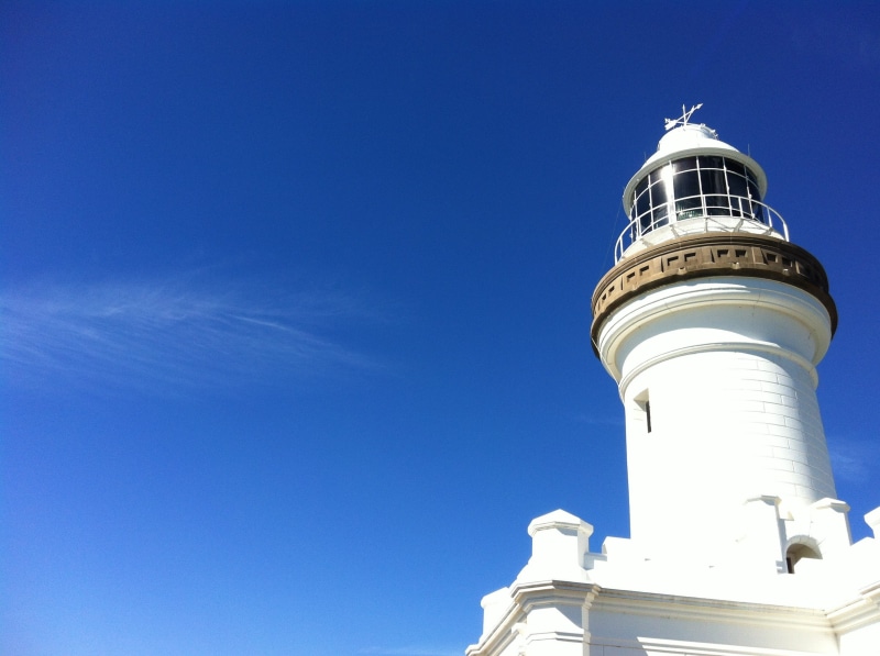 clear sky, Lighthouse, destination, famous Place, nautical, guidance, sunlight, spire, beach, outdoors, landmark, low angle view, by-the-sea, white, new-south-wales