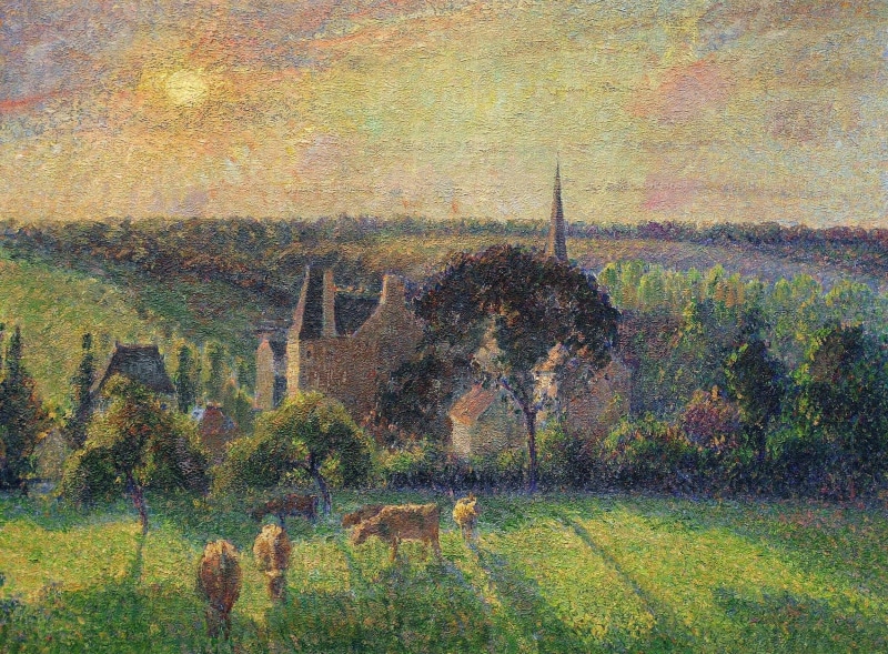 1080P, picture, sunset, meadow, Landscape at Eragny, cows, Camille Pissarro, hills