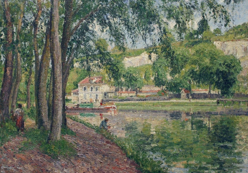 Camille Pissarro, picture, Moret. Canal du Loing, house, trees, landscape, 1080P