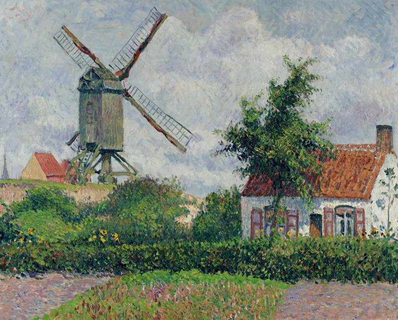 Camille Pissarro, Windmill at Knokke, 1080P, landscape, house, picture