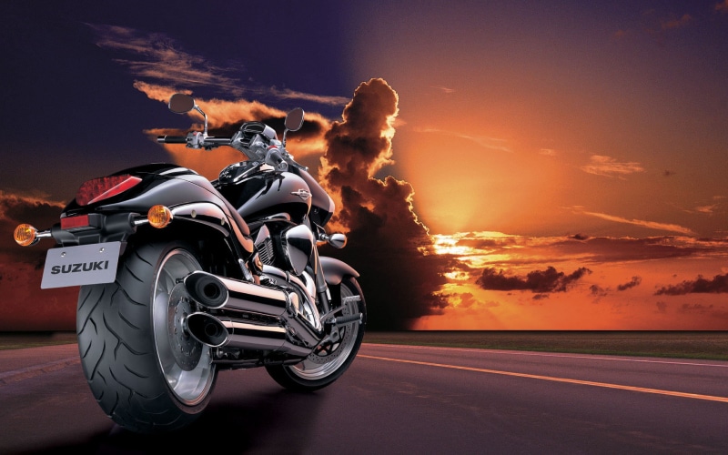 mr, 1080P, road, sunset, land vehicle, blurred motion, sky, wheel, motorcycle, sign, helmet, cruiser, crash helmet, nature, suzuki intruder m1800r, transportation