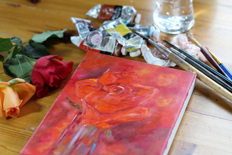 canvas, beauty in nature, close-up, seafood, flower, no people, red, art, artwork, oil, artist, impressionism, wood - material, glass, paint, paint tubes