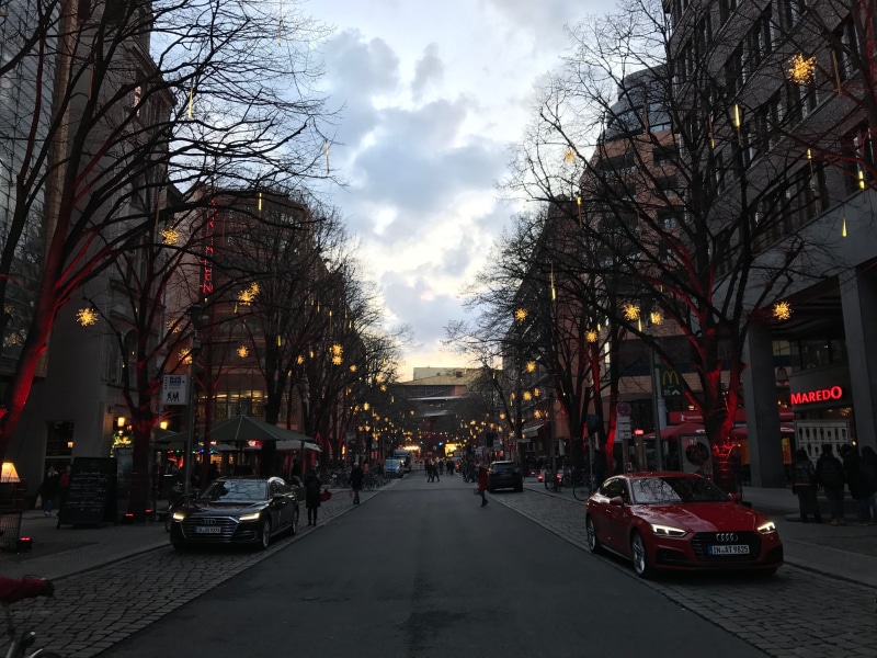 berlin, bare tree, architecture, tree, sky, the way forward, treelined, street, nature, land vehicle, transportation, potsdamer platz, outdoors, city lights