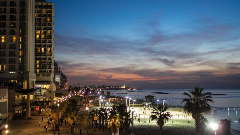 real people, illuminated, israel, night, tropical climate, cityscape, crowd, tree, city, 4K, incidental people, tel aviv, building, office building exterior