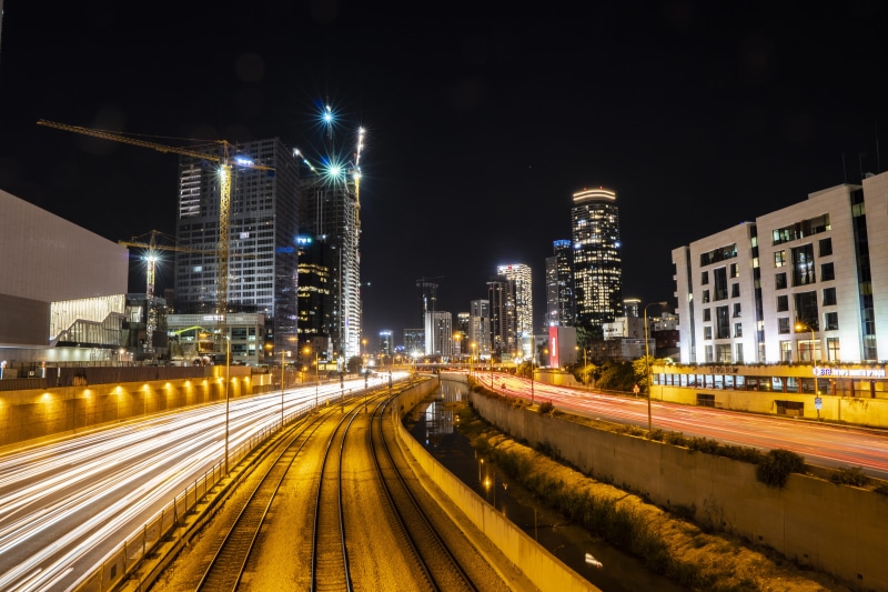 no people, city life, road, track, 5K, photography, financial district, railroad track, skyscraper, nature, cityscape, lapse, office building exterior