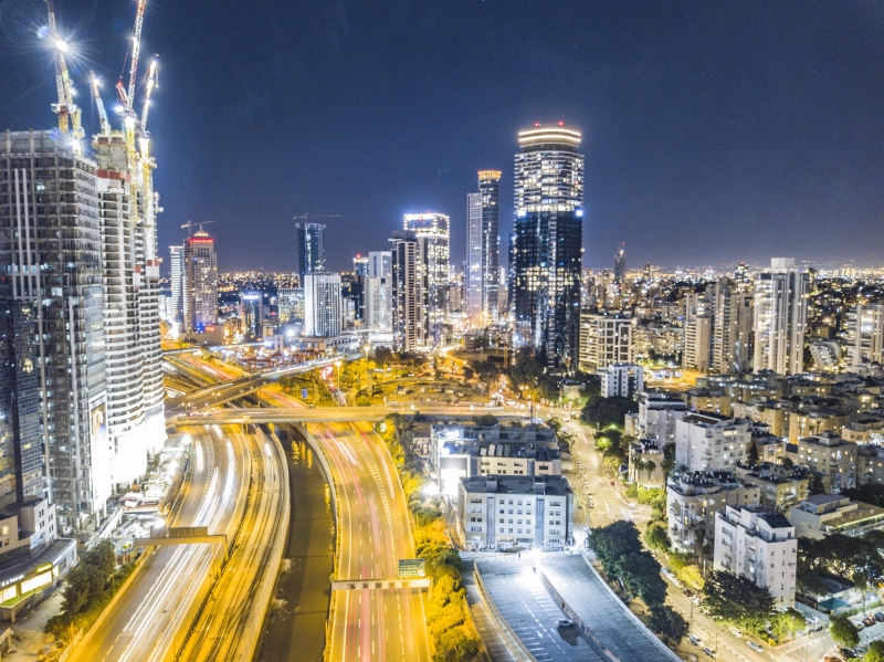 skyscraper, transportation, multiple lane highway, 4K, cityscape, tel aviv, city, outdoors, light trails, building exterior, city life, sky scrapers