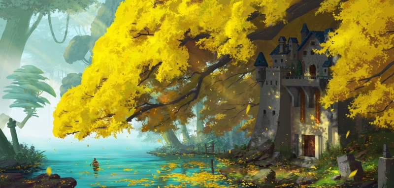 building exterior, water, beauty In Nature, men, reflection, illustration, leaf, sky, fall, autumn, building, scenics, built structure, no people, blue