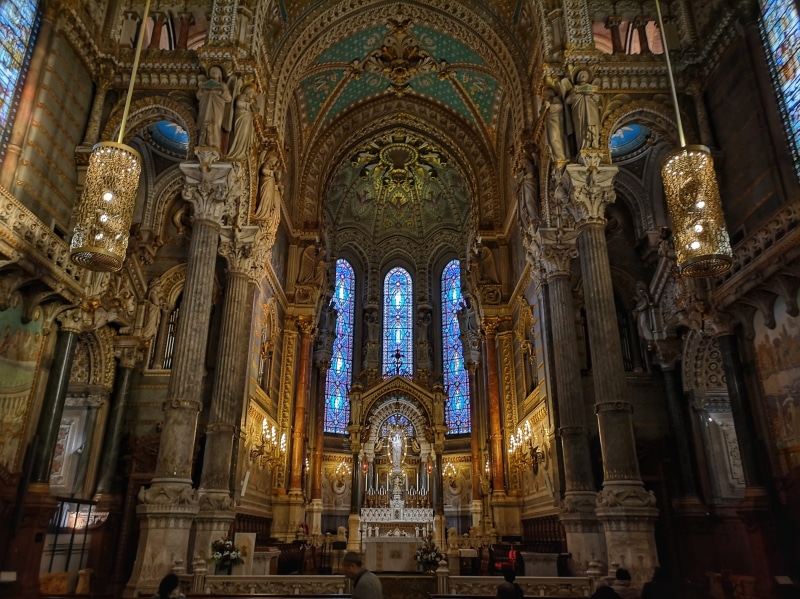 church, apse, belief, low angle view, aisle, lyon, france, human, home decor, spirituality, worship, housing, history, monastery, no people, person, place of worship