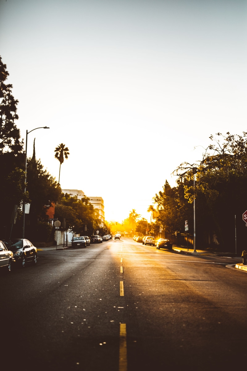 golden hour, sunshine, sunlight, outdoors, urban, dark, street, road, night, glow, los angeles, yellow, traffic, summer, parked, travel, la, sunrise, car