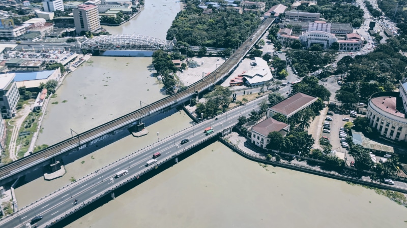 no people, river, high angle view, bridge - man made structure, cityscape, philippines, building, drone, bridge, manila, architecture, transportation, road