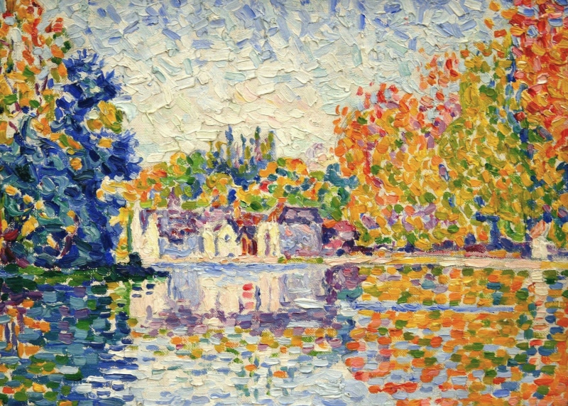 pattern, picture, representation, Paul Signac, landscape, wall - building feature, paintings, mural, textured, indoors, backgrounds, Samois on the Seine