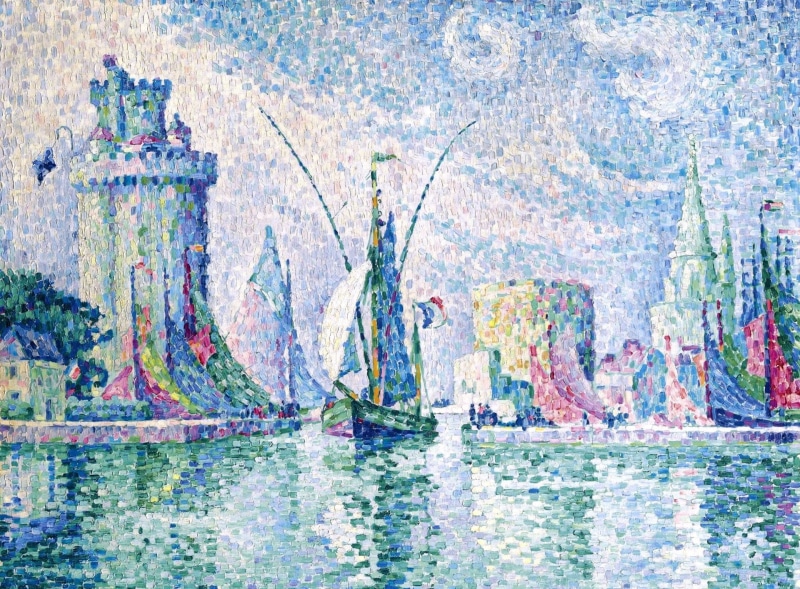 Paul Signac, landscape, picture, 1080P, boat, La Rochelle. Green Tower, sail, pointillism