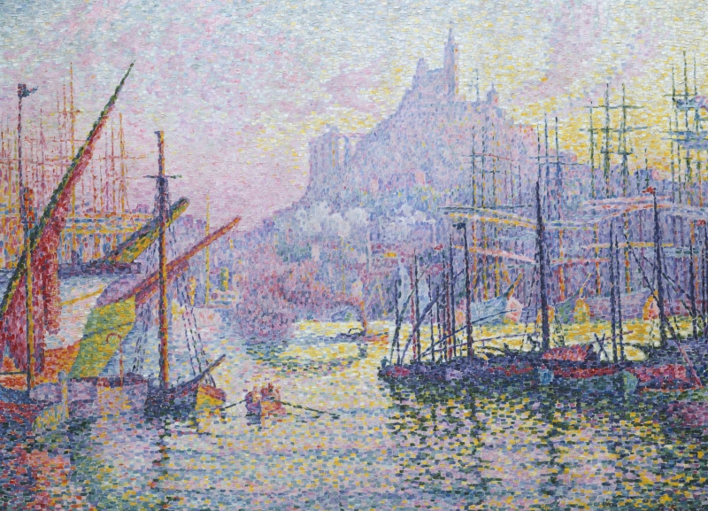 the city, picture, Marseille. Notre-Dame-de-La-garde, ship, landscape, Paul Signac, sea, pointillism, 5K