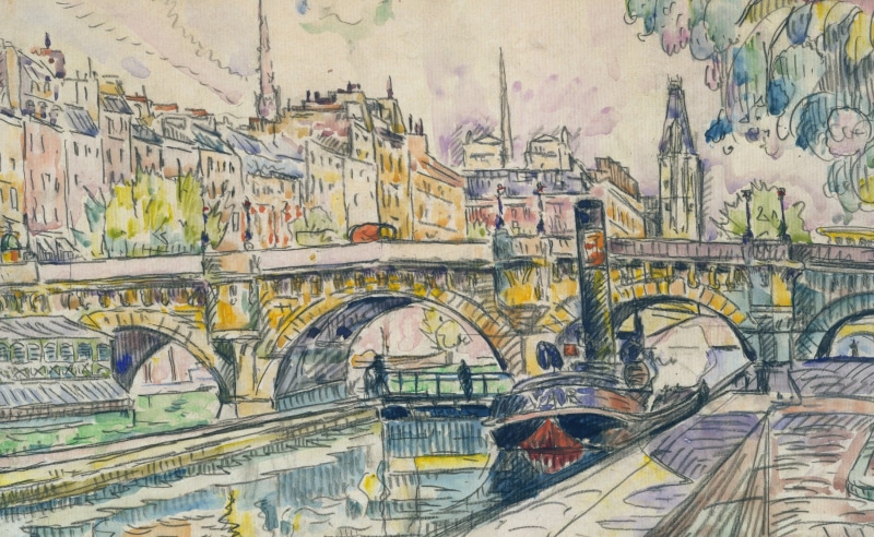 the urban landscape, watercolor, Tugboat at the Pont Neuf. Paris, Paul Signac, figure, 2K