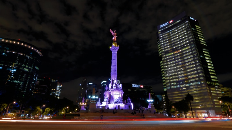 sky, building exterior, tall - high, night, outdoors, colorful, angel de la independencia, no people, statue, skyscraper, cityscape, illuminated, urban landscape