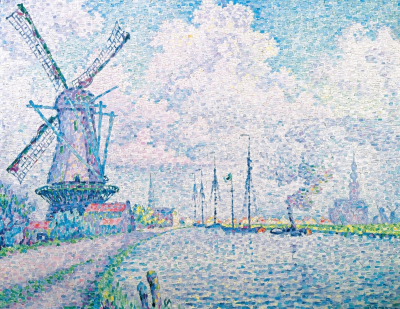 Canal of Overschie, picture, 2K, landscape, pointillism, Paul Signac, windmill