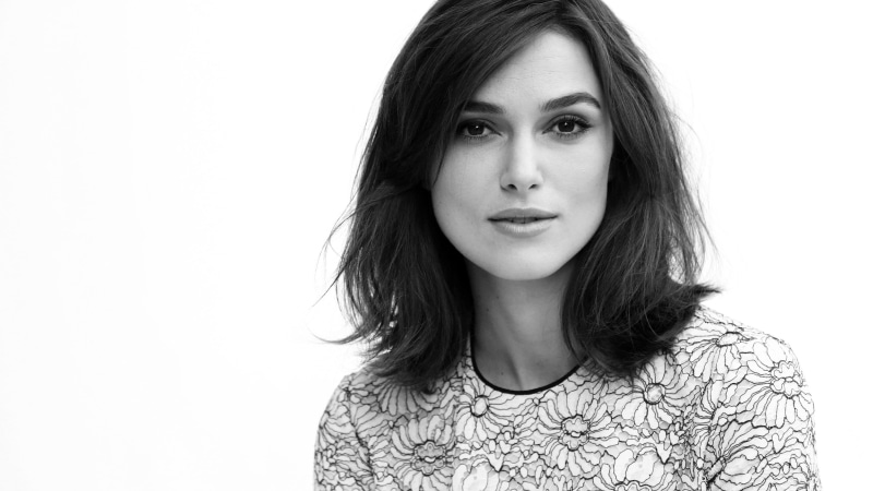 hair, looking at camera, hairstyle, 4K, long hair, hollywood, Keira Knightley, white background, actress, adult, copy space, women, poster, monochrome