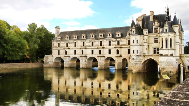 tree, history, arch, architecture, building exterior, reflection, water, France, arched, waterfront, Château de Chenonceau, day, cloud - sky, built structure
