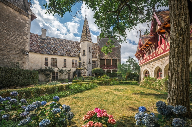 garden, La Rochepot, Château de La Rochepot, France, Burgundy, The Rochepot, castle, flowers, hydrangea, 5K