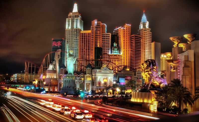vehicles, financial district, architecture, sky, vegas, road, nature, 2K, time, illuminated, light trail, motion, city life, united, office building exterior