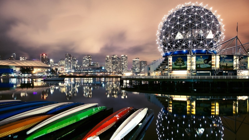 Vancouver, art, wars, boat, EVENING, 1080P, REFLECTION, 1920x1080 px, Skyscraper, sphere, Canada, long, hd, City, px, building, long exposure, guild, architecture