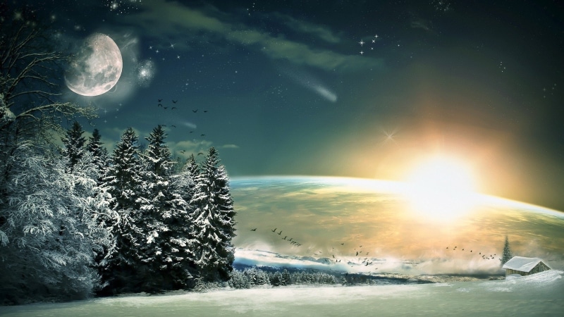 fir, Moon, BIRDS, stars, px, 1080P, snow, fantasy, art, video, hd, Trees, Winter, 1920x1080 px, Light, Descent, x, wood, xbox, games, sun