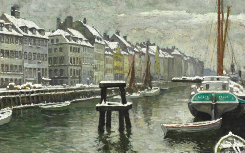 Paul Gustav Fischer, Paul Fisher, Winter day in Nyhavn, Danish painter, oil on panel, 1080P, Copenhagen, Paul Fischer