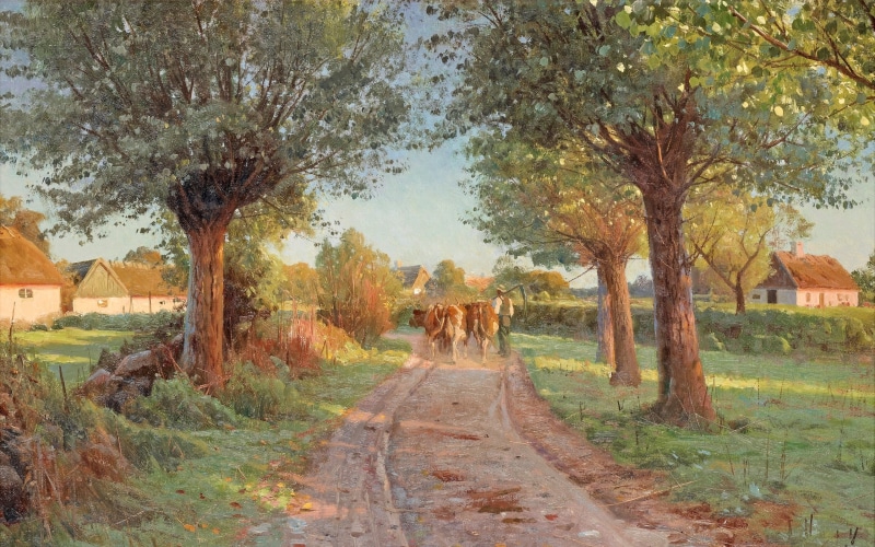 Danish painter, Danish realist painter, Peter Merk Of Menstad, 2K, 1919, Peder Mørk Mønsted, Summer evening