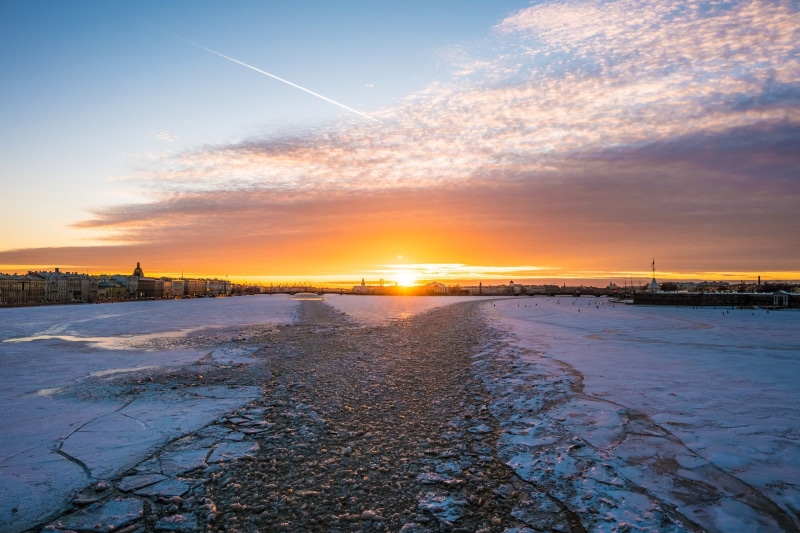 sunset sky, russia, evening, st petersburg, landscape, no people, winter, vapor trail, sea, tranquil scene, st petersburg russia, sun, land, cold temperature