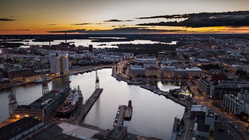 urban, built structure, night scene, sky, buildings, cityscape, helsinki, jätkäsaari, high angle view, drone image, landscape, water, drone, finnish, europe
