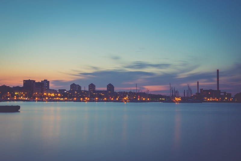 architecture, port, skyscraper, no people, waterfront, outdoors, lights, cloud - sky, urban skyline, cityscape, dusk, built structure, office building exterior
