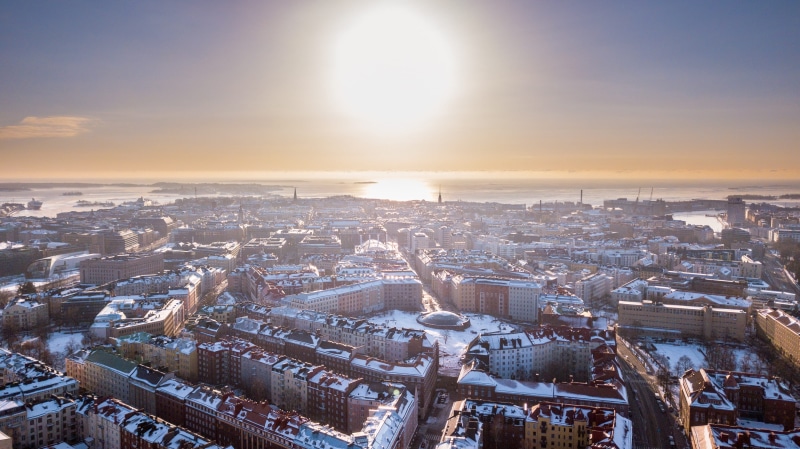 cityscape, drone, winter, helsinki, europe, 2K, landscape, the skyline, built structure, sunlight, transportation, skyscraper, sun, no people, high angle view