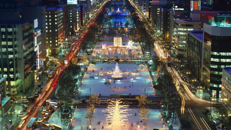 holiday, Sapporo, night, lights, Odori Park, New Year, Japan, 1080P, the island of Hokkaido