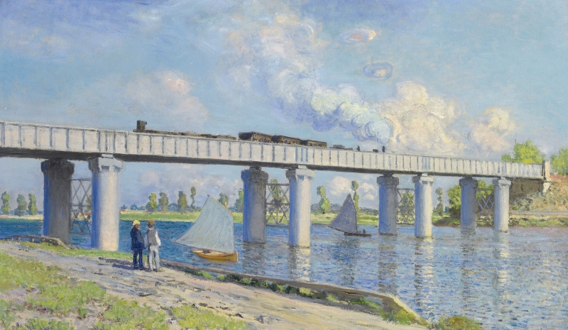 Claude Monet, landscape, boat, sail, The railway Bridge at Argenteuil, 2K, picture