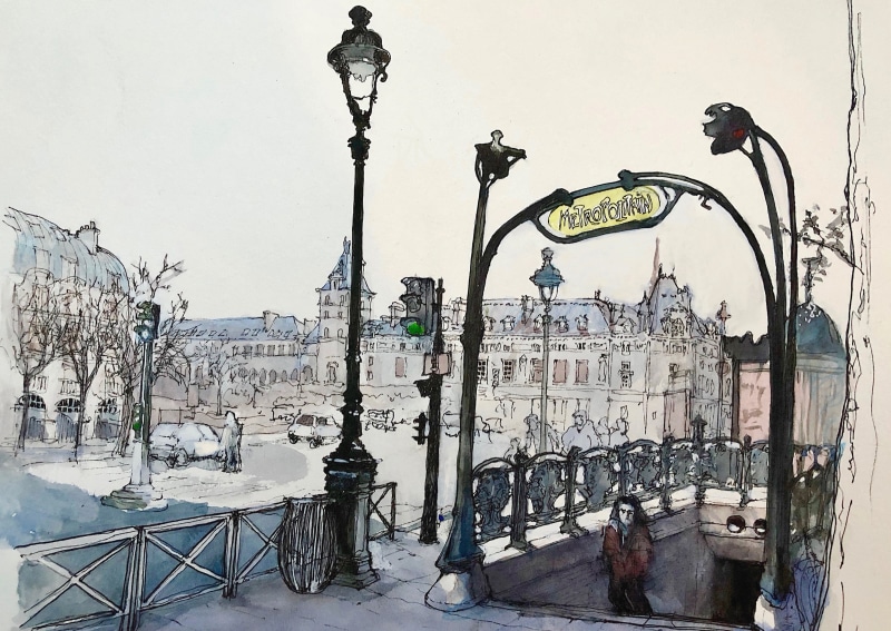 Paris, Boulevard Saint-Michel, 2K, watercolor, figure, the urban landscape, metro