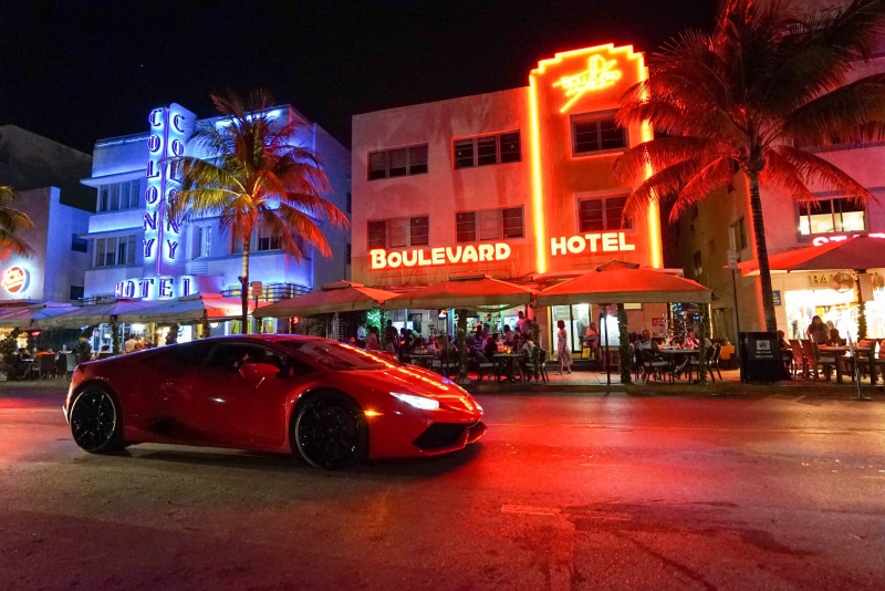architecture, tourism, illuminated, miami, boulevard, night, road, huracan, nightlife, city, built structure, land vehicle, hotel, street, near, neon, 4K