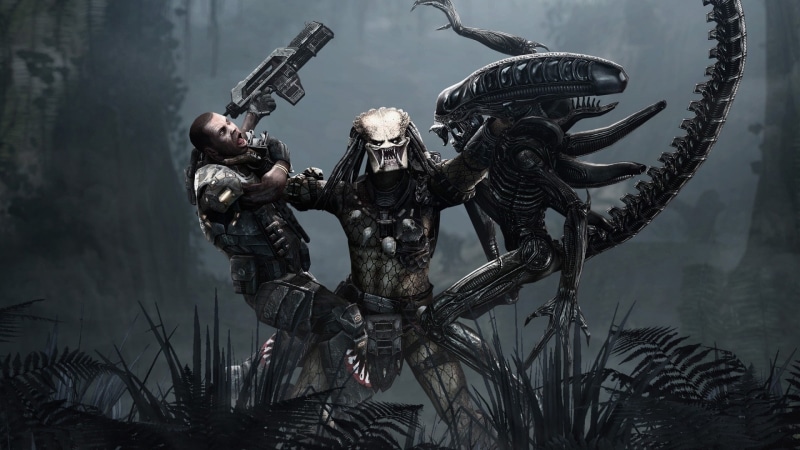 movies, fantasy art, artwork, Aliens (movie), gun, men, Alien vs. Predator, battle, science fiction, 1080P, Xenomorph, Predator (movie), aliens