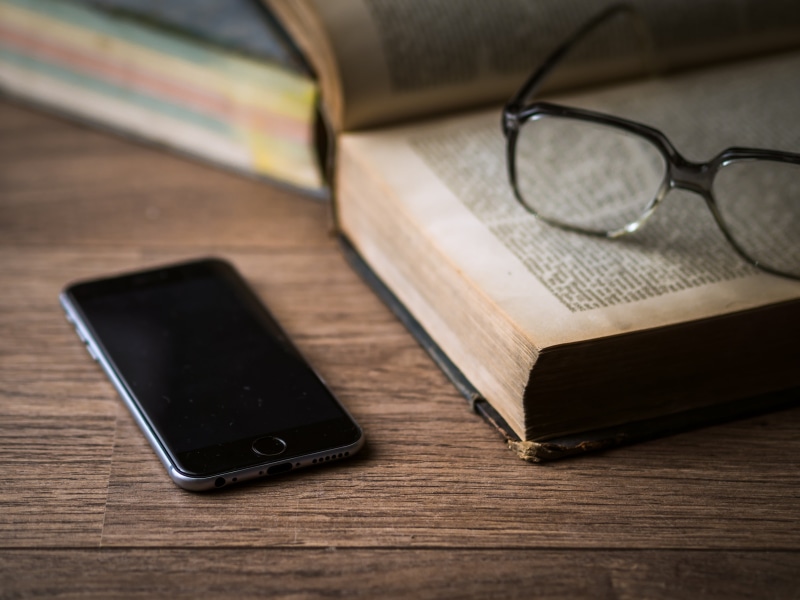 eyeglasses, smart phone, retro, literature, library, publication, technology, still life, communication, media, personal accessory, cover, table, closeup