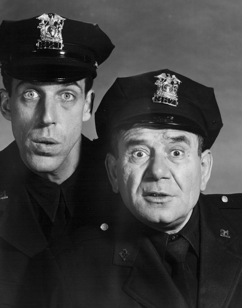 tv, series, cap, police officers, 50s, looking at camera, males, joe e ross, men, two, policeman, headshot, clothing, sitcom, television, mature men, actors