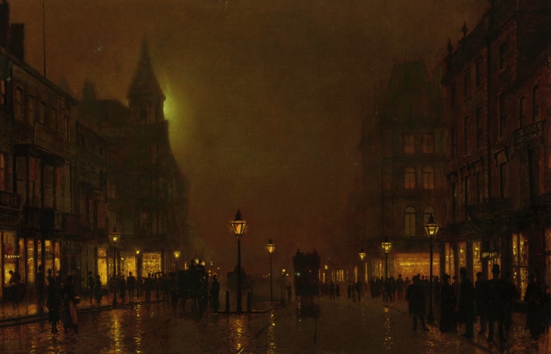 London, 1080P, drawing, people, street light, John Atkinson Grimshaw