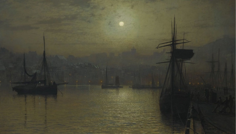 picture, 1080P, Old Scarborough. Full Moon. Tide, ship, harbour, John Atkinson Grimshaw